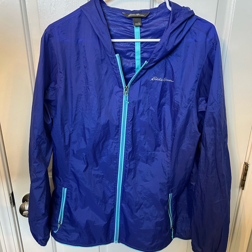 Eddie Bauer Lightweight Hooded Rain Jacket with Aqua Accents Women’s XL